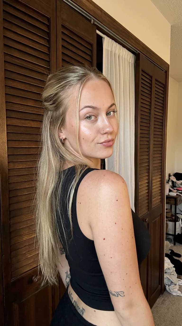 Woman in a black tank glancing back over her shoulder in front of a wooden closet