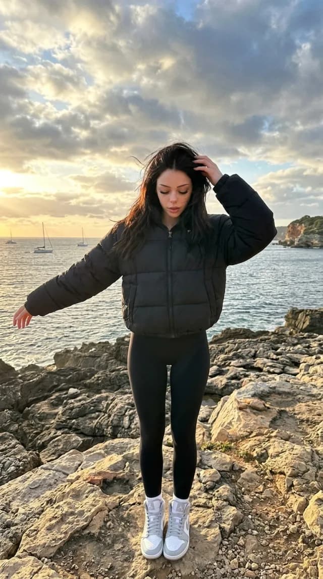 Woman in a black puffer jacket and leggings on coastal rocks at sunset with sailboats on the sea