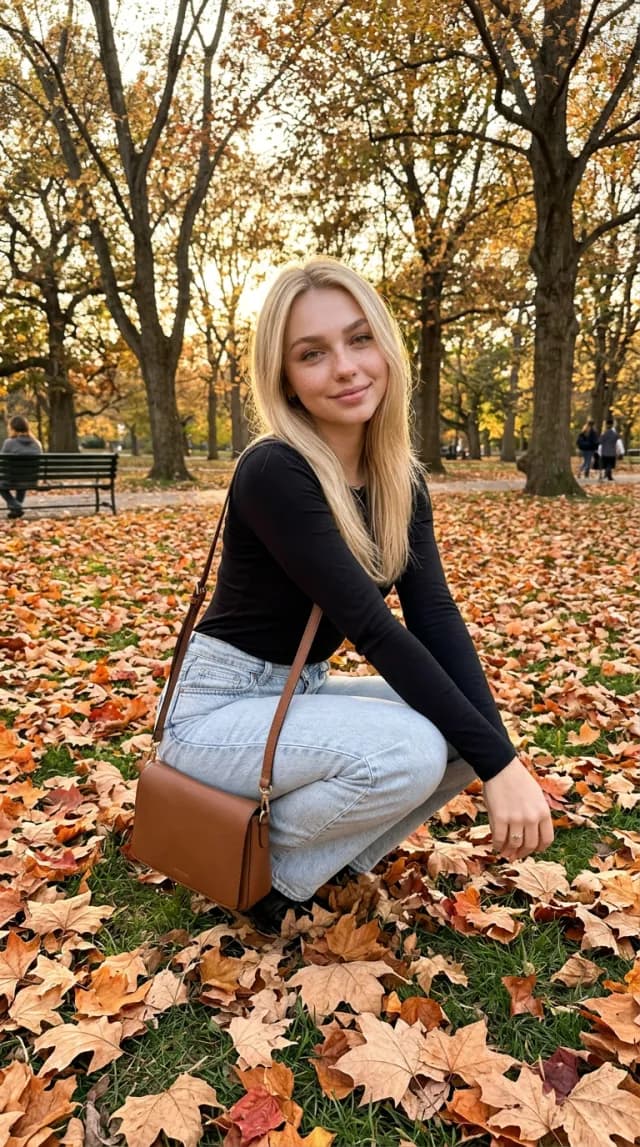 Woman in a black top and grey jeans crouching among fallen autumn leaves in a city park