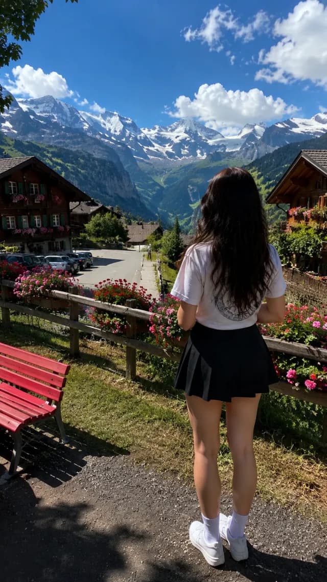 Woman in a white tee and black skirt looking out at the snowy Swiss Alps from a flower-lined village viewpoint