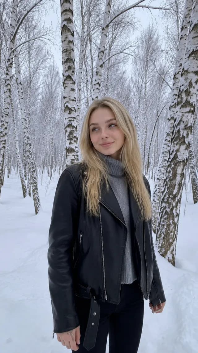 Woman in a black leather jacket and grey turtleneck standing in a snowy birch forest