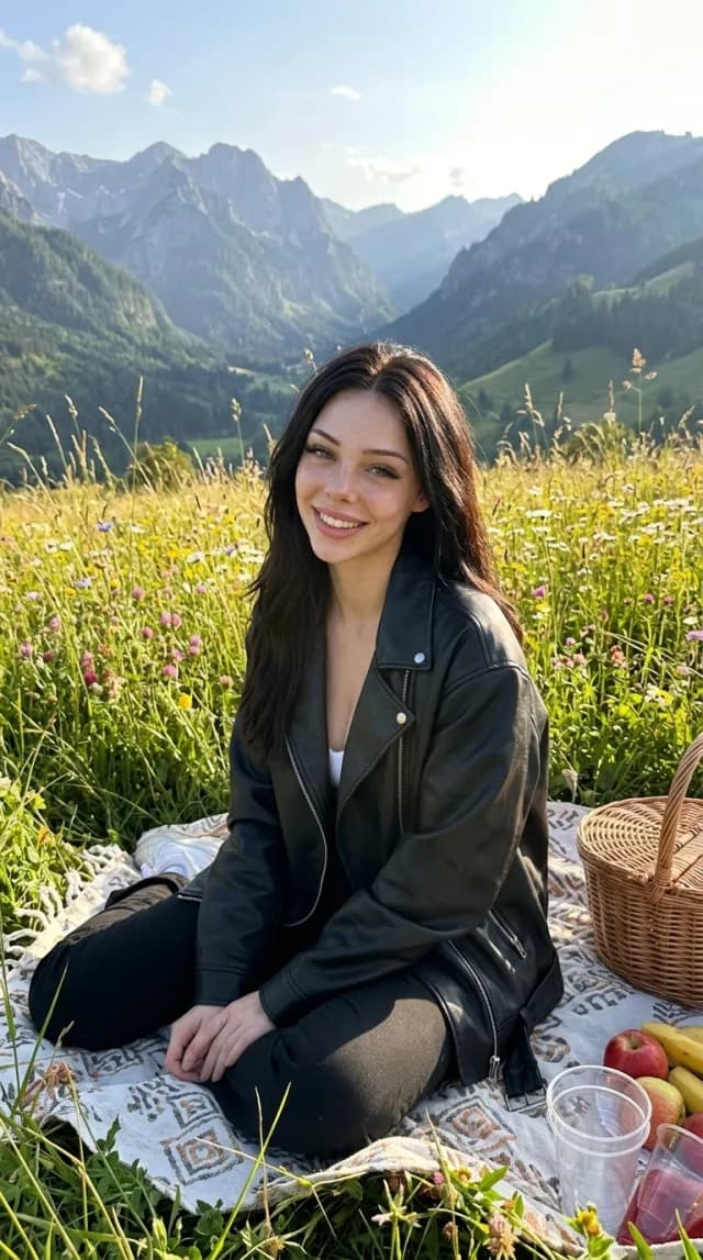 Woman in a black leather jacket smiling on a picnic blanket in an Alpine wildflower meadow