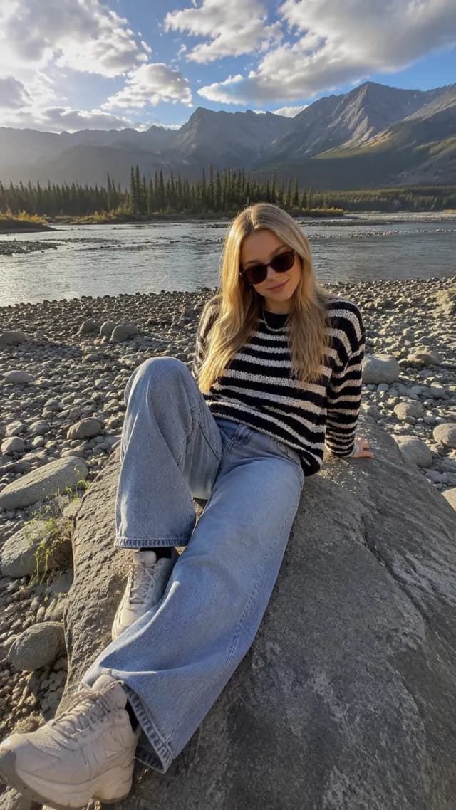 Woman in a striped sweater and wide-leg jeans sitting on a rock by a mountain river at golden hour
