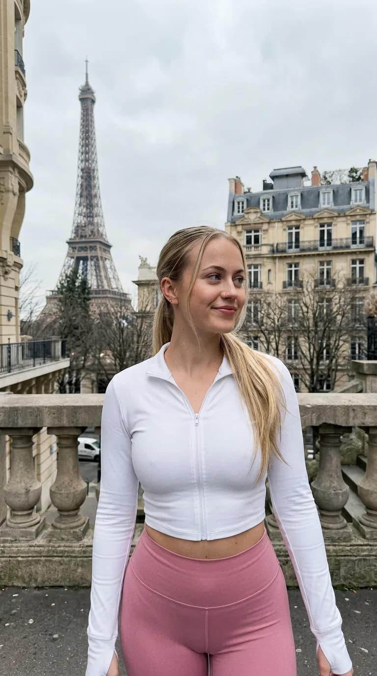 Woman in a white zip-up top standing in front of the Eiffel Tower in Paris