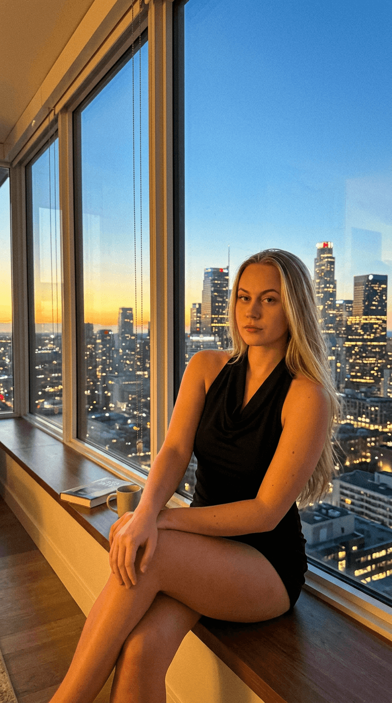 AI-generated photo at a high-rise window overlooking the city skyline at sunset