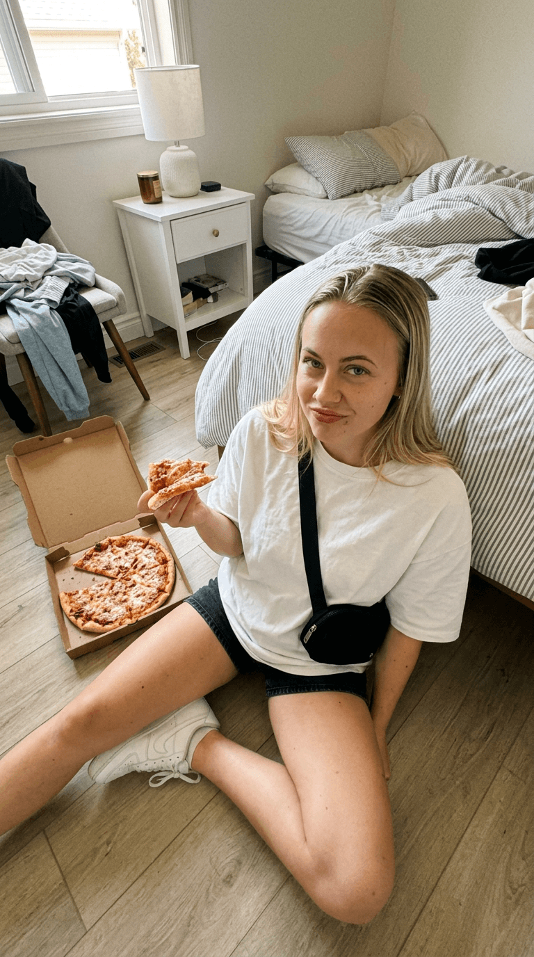 AI-generated candid photo eating pizza on the bedroom floor